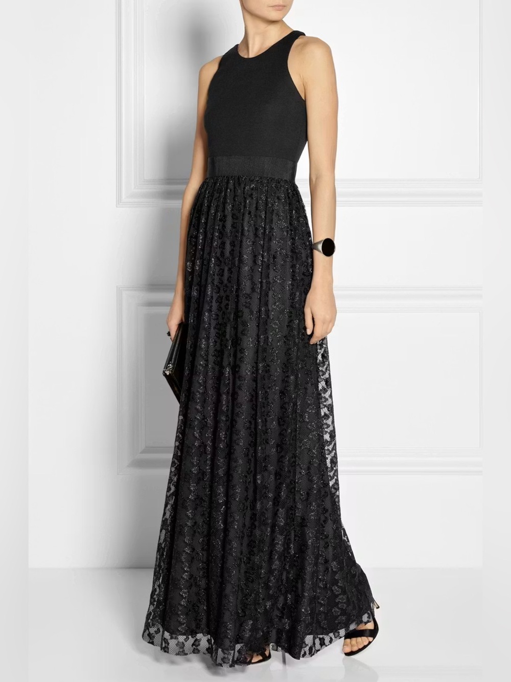 MILLY Black Cheetah Lace Maxi Dress sz 12 Racerback Sleeveless Full Skirt Gown